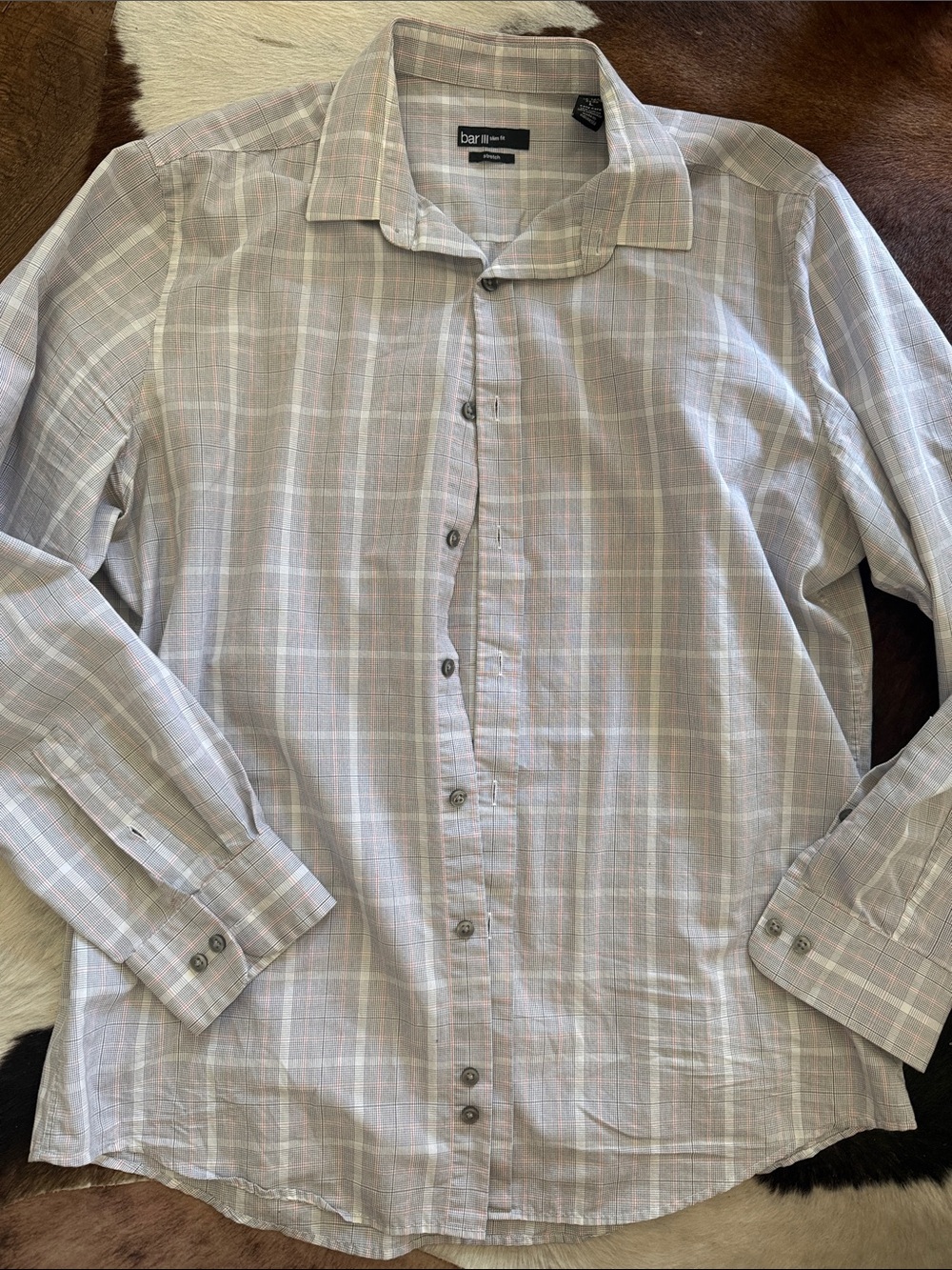 Bar III Men's Gray and Light Pink Plaid Dress Shirt